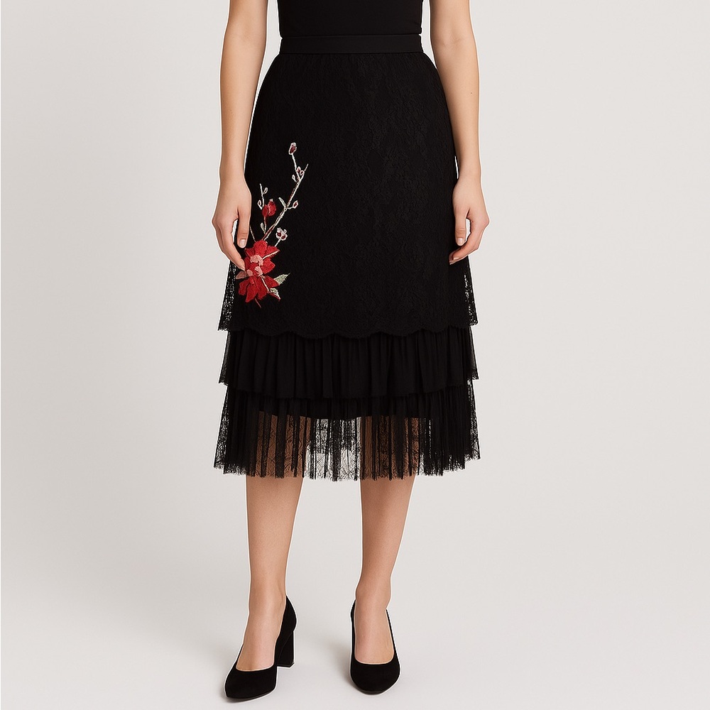 FUZZI size Med Y2K black embroidered lace ruffle skirt in excellent condition
